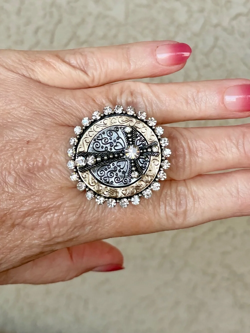 Two-Tone Filigree Cross Statement Ring with Clear Crystals